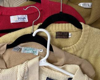 Men's vintage clothing including sweaters from Pringle of Scotland, Marshall Fields from Italy, Arrow Sportswear, One Up, Tweeds