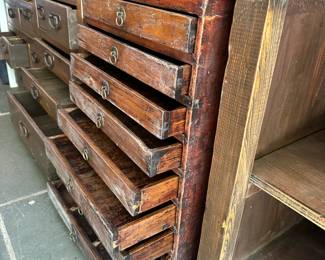 Another view of the antique Chinese eight-drawer scholar cabinet / document chest with hand-forged circular brass pull handles. 19"W x 19"D x 27-3/4"H.