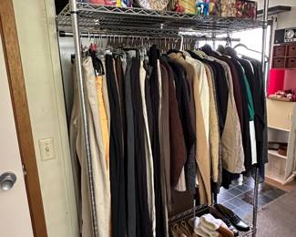 Women's vintage clothing - pants, slacks, sweaters, shirts; men's shoes, loafers and slippers; decorative vintage-style metal storage tins