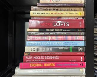 Vintage books at this estate sale include The Samurai The Philosophy of Victory, American Folk Art in Ohio Collections, The Great War Historical Collections, Pirates of the Seven Seas, Thomas Jefferson's Journey to the South of France, Details of Frank Lloyd Wright, Design Basics, Power Behind the Wheel