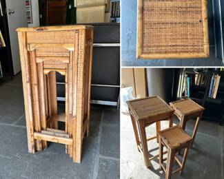 A vintage nesting set of three bamboo and rattan plant stands