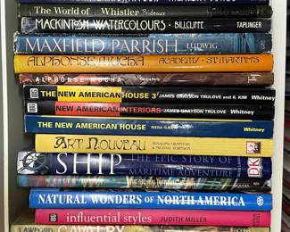 Books about designers and artists including Charles Rennie Mackintosh, Maxfield Parish, James McNeill Whistler, Alphonse Mucha; The New American House and New American Interiors by James Grayson Truelove; Ship: The Epic Story of Maritime Adventure by Brian Lavery; The Cavalry edited by James Lawson