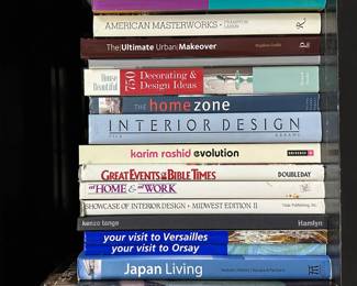 Books on interior design, home offices, home decorating; travel such as Versailles and Orsay, art from the Art Institute of Chicago, the Chicago School