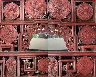 Details of the gorgeous large antique Chinese carved, red painted and gilt wood canopy from a wedding bed chamber, with detailed relief carved panels of central floral cartouche, flanked by two phoenixes and panels depicting flowers, auspicious objects such as Shou characters, a basket of peaches wishing longevity, cranes (known to mate for life) and pomegranates that connote blessings for many children and future generations. The two phoenixes together represent the male Feng and female Huang, symbolizing eternal love, peace, and harmony.