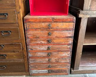 Antique Chinese eight-drawer scholar cabinet / document chest with hand-forged circular brass pull handles. 19"W x 19"D x 27-3/4"H.