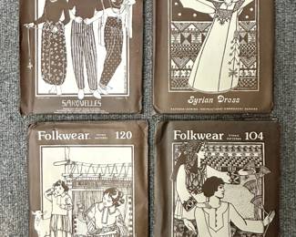 Vintage folkwear clothing sewing patterns including Navajo blouse, Sarouelles, a Syrian dress, and Egyptian shirt
