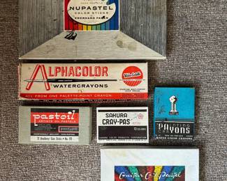 Vintage art supplies including Eberhard Faber Nupastel Color Sticks, Weber Costello Alphacolor Watercrayons, Sakura Cray-Pas, and Guitar Oil Pastel set.