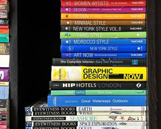 Taschen Icons books, featuring various titles such as Women Artists, Design 21st Century, Morocco Style, Minimal Style, and California Here I Come; books on hip hotels in London, and volumes from the Eyewitness Books series on topics including Earth, Whale, Seashore, Space Exploration, Ocean, Earth, and Ancient Egypt