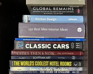 Mini Apartment Bible; Kitchen Design; 150 Best Mini Interior Ideas; Egyptian Sculpture; The Ultimate Illustrated Encyclopedia of Classic Cars; Egyptian Art; The World's Coolest Hotel Rooms; James Herriot's Yorkshire