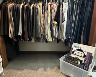 Bedding (some new in package), vintage men's sport coats, blazers, jackets, pants, sport shirts and casual wear; lots of picture and photo frames of various sizes