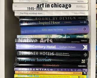 Books to grab including London, Art in Chicago 1945-1995, Rooms by Design, Native Arts of North America, Storage Made Easy