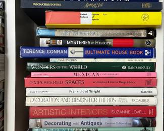 Books including Art Making, Collections & Obsessions by Lynne Perrella; Empowered Spaces Architecture & Interior Design Library; Artistic Interiors by Suzanne Lovell; Mexican Comporary by Herbert Ypma; Spirit of Sail, All Color Book of Art Nouveau; Wallworks by Akiko Busch