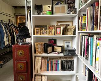 Many decorative picture and photo frames, a vintage Chinese medicine/herbs apothecary 4-drawer cabinet with red lacquer finish, lots of great books on history, interior design, art, travel, military history, nautical, writing, and more