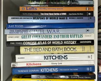 Lots of books at this estate sale, such as Infinite Spaces The Art and Wisdom of the Japanese Garden, The Bed and Bath Book, Kitchens the Hub of the Home, Great Commanders and Their Battles, The Time Chart History of the Civil War, Weapons of World War II, Two Great Naval Battles of WWII, and more