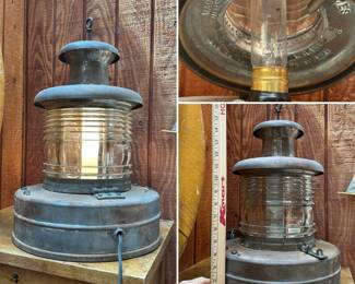 More views of the large vintage ship's lantern marine light, with galvanized steel body and a clear, ribbed Fresnel glass lens; converted to electric