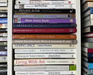Books for interior design and home decorating including Big Home, Big Challenge; A Home For All Seasons, New Asian Style, Interior Details, Contemporary Details, Out of Town The Country House, Home Decoration With a Chinese Flair, Making Space, A Room of Her Own, Antiques for Today's Interiors, Living With Art, California Country Style, and Decorating With Books