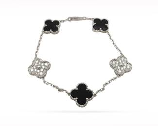 Van Cleef & Arpels Vintage Alhambra Black Onyx Diamond 18K White Gold 5 Motif Bracelet