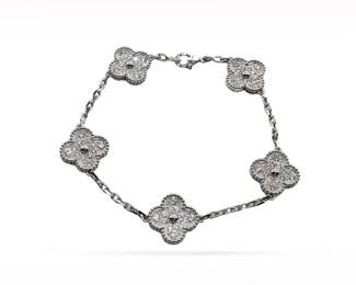Van Cleef & Arpels Vintage Alhambra Pave Diamond 18K White Gold 5 Motif Bracelet