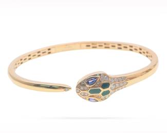 Bvlgari Serpenti Seduttori Malachite Sapphire Half Pave Diamond 18K Rose Gold Bangle Bracelet