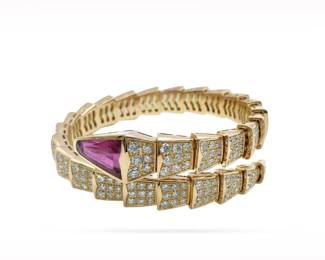 Bvlgari Serpenti Rubellite Pave Diamond 18K Rose Gold Size M Bangle Bracelet