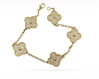 Van Cleef & Arpels Vintage Alhambra Pave Diamond 18K Yellow Gold 5 Motif Bracelet