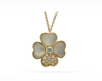 Van Cleef & Arpels Cosmos Flower White Mother of Pearl Pave Diamond 18K Yellow Gold Clip Pendant