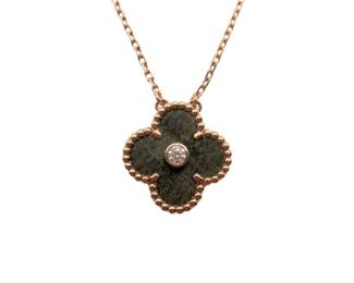 Van Cleef & Arpels 2023 Holiday Alhambra Silver Obsidian 18K Rose Gold Pendant Necklace