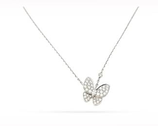 Van Cleef & Arpels Two Butterfly Pave Diamond 18K White Gold Pendant Necklace