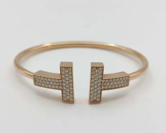 Tiffany & Co. Large T Wire Pave Diamond 18K Rose Gold Bangle Bracelet