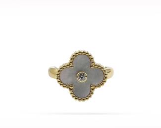 Van Cleef & Arpels Alhambra Diamond White Mother of Pearl 18K Yellow Gold Ring