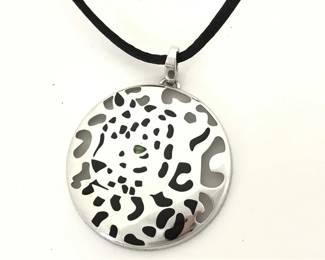 Cartier Panthere Black Lacquer Green Tsavorite Eyes 18K White Gold Cord Medallion Pendant Necklace