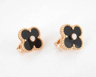 Van Cleef & Arpels Vintage Alhambra Black Onyx Diamond 18K Rose Gold Limited Edition Earrings