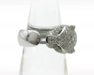 Cartier Panthere Diamond Pave Emerald Onyx 18K White Gold Ring