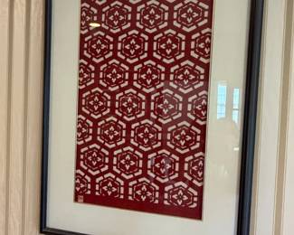Framed Japanese Katazome Textile Art with Kikkou Pattern