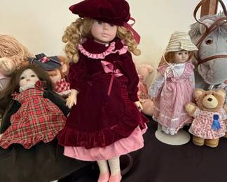 Porcelain Doll in Burgundy Velvet Dress