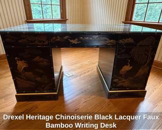 Drexel Heritage Chinoiserie Black Lacquer Faux Bamboo Writing Desk