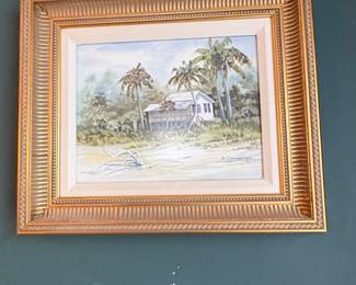 K. Carpenter Tropical Beach House Watercolor Painting