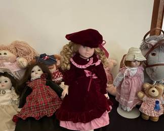 Collectible Porcelain Doll in Burgundy Velvet Dress with Matching Hat
