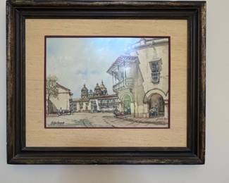 Colonial Street Scene Watercolor Signed A. Viteri