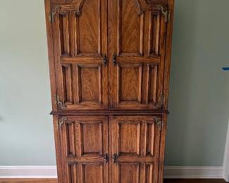 Vintage Jacobean Revival Oak TwoPiece Cabinet