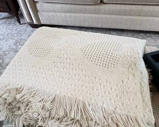 Vintage Hand Crocheted Cream Cotton Blanket with Fringe
