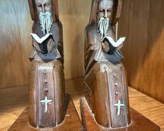 Vintage Hand Carved Wooden Monk Bookends
