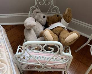 Vintage Metal Doll Crib with Scrollwork and Bedding
