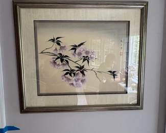 Vintage Chinese Silk Painting of Cherry Blossoms and Birds