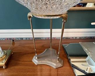 Vintage Crystal Centerpiece Bowl on GoldTone Metal Stand with Scrolled Feet