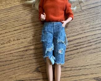Vintage Barbie Doll with Orange Turtleneck and Distressed Denim Shorts