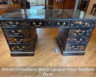 Drexel Chinoiserie Black Lacquer Faux Bamboo Desk