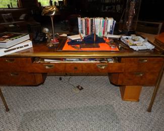 John Widdicomb, Grand Rapids burl wood desk with brass accents