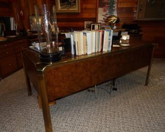 John Widdicomb, Grand Rapids burl wood desk with brass accents