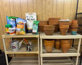 Sets of Terracotta Pots and Potting Mixes, Fertilizers, Watering Can and Scoop.